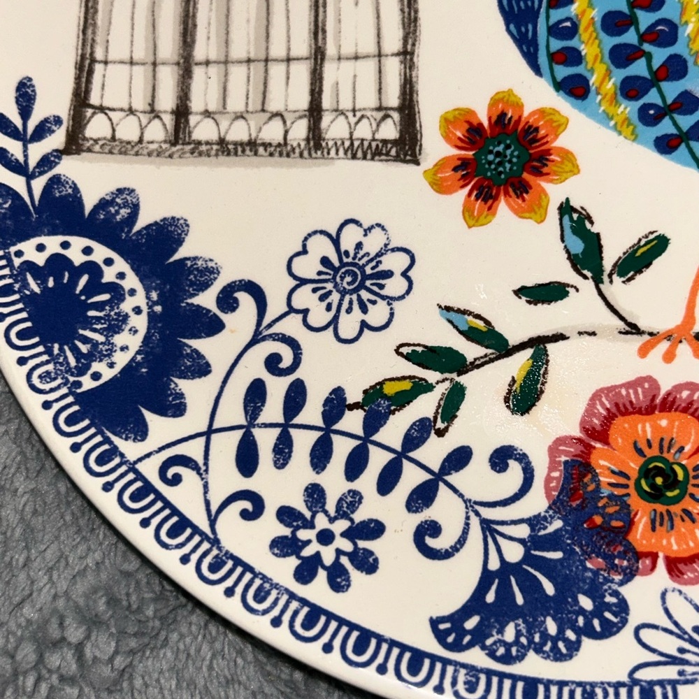 Pier 1 Imports ironstone bird plate measures 9 inches round lovely flowers - Picture 7 of 8